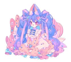 Rule 34 | 1girl, :o, animal ear fluff, animal ears, baggy clothes, blue flower, blush, bow, center frills, cross, cross-shaped pupils, dress, fang, flower, frilled dress, frilled shirt, frills, full body, gradient hair, hair between eyes, hair bow, hair flower, hair ornament, hands on lap, inverted cross, kneeling, looking at viewer, multicolored hair, open mouth, orange dress, original, own hands together, ozureiji, pink bow, pink eyes, pink flower, pink hair, purple hair, rabbit ears, rabbit girl, shirt, sidelocks, simple background, skin fang, solo, stuffed animal, stuffed rabbit, stuffed toy, symbol-shaped pupils, twintails, white background, white shirt