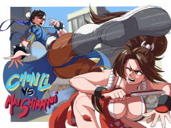 Rule 34 | 2girls, action, ass, black eyes, black hair, breasts, brown hair, character name, city, cleavage, crossover, fatal fury, fighting, folded fan, folding fan, hand fan, highres, kicking, multiple girls, no bra, outside border, pantyhose, pelvic curtain, revealing clothes, street fighter, the king of fighters, thighs, tina fate