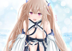 Rule 34 | 1girl, absurdres, anchorage (azur lane), artist request, azur lane, bare shoulders, blue coat, blush, breasts, cleavage, coat, crossed bangs, downblouse, eagle union (emblem), hanging breasts, highres, large breasts, leaning forward, light brown hair, long hair, looking at viewer, micro shorts, open mouth, ribbon between breasts, shorts, sleeves past fingers, sleeves past wrists, smile, solo, standing, very long sleeves