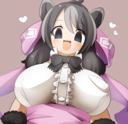 Rule 34 | 1girl, :d, animal ears, bear ears, bear girl, bergman&#039;s bear (kemono friends), black bow, black bowtie, black hair, blush, bow, bowtie, breasts, brown background, buttons, center frills, commentary request, empty eyes, frills, grey hair, hair bow, heart, highres, kemono friends, large breasts, lets0020, long hair, looking at viewer, medium bangs, multicolored hair, open mouth, pink bow, pink sash, popped collar, sash, shirt, simple background, smile, solo, teeth, two-tone hair, upper body, upper teeth only, white shirt
