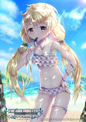Rule 34 | 10s, 1girl, 2016, artist name, bare arms, bare shoulders, bikini, blonde hair, bow, collarbone, copyright name, dated, day, female focus, food, food in mouth, frilled bikini, frills, futaba anzu, hair between eyes, hand on own hip, idolmaster, idolmaster cinderella girls, jewelry, long hair, looking at viewer, low twintails, necklace, omsi007, outdoors, solo, standing, stomach, striped bikini, striped clothes, swimsuit, twintails