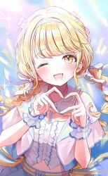 1girl blonde_hair blush bow braid crop_top detached_collar fang frills fujita_kotone gakuen_idolmaster hair_bow hair_intakes headband heart heart_hands highres idolmaster irono1910 light_blush long_hair looking_at_viewer one_eye_closed open_mouth shirt skin_fang smile solo sparkle twin_braids upper_body white_bow white_headband white_shirt wrist_cuffs yellow_eyes