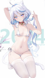 Rule 34 | 1girl, 2024, absurdres, ahoge, animal ears, arm behind head, bell, bikini, blue eyes, blue hair, blush, breasts, cat ears, cat tail, chinese commentary, closed mouth, collar, commentary request, drop-shaped pupils, furina (genshin impact), genshin impact, hair between eyes, hanghan, heterochromia, highres, holding, holding hair, kneeling, long hair, looking at viewer, micro bikini, mismatched pupils, multicolored hair, navel, neck bell, red collar, small breasts, solo, string bikini, sweat, swimsuit, symbol-shaped pupils, tail, thighhighs, white bikini, white hair, white thighhighs