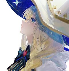Rule 34 | 1girl, black bow, blonde hair, blue eyes, bow, bowtie, braid, brooch, commentary, fate/grand order, fate (series), from side, glasses, hair over shoulder, hat, highres, hood, hood down, hooded robe, jewelry, long hair, looking at object, looking up, nigiri, parted lips, profile, red brooch, robe, round eyewear, simple background, single braid, solo, star (symbol), aesc (fate), unfinished, white background, white hat, white robe, witch hat
