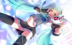 Rule 34 | 1girl, :d, aqua eyes, aqua hair, bad id, bad pixiv id, bare shoulders, black thighhighs, detached sleeves, hand on headphones, hatsune miku, headset, ivioss, long hair, midriff, necktie, open mouth, outstretched arm, panties, pantyshot, skirt, smile, solo, striped clothes, striped panties, thighhighs, twintails, underwear, upskirt, very long hair, vocaloid