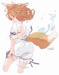 Rule 34 | 1girl, animal ears, artist name, ass, back cutout, blonde hair, brown eyes, clothing cutout, commentary request, cropped legs, dated, fox ears, fox girl, fox tail, from behind, hamriku, highres, holding, holding test tube, kudamaki tsukasa, medium hair, romper, short sleeves, sideways glance, solo, tail, test tube, touhou