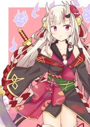 Rule 34 | 100ton250, 1girl, collarbone, commentary request, floral print, gold trim, hair between eyes, hair bun, hair ornament, highres, hololive, horns, japanese clothes, katana, kouhaku nawa, long hair, looking at viewer, mask, mask on head, nakiri ayame, nakiri ayame (1st costume), oni mask, red eyes, rope, shimenawa, silver hair, simple background, solo, spider lily print, sword, thighhighs, virtual youtuber, weapon, white thighhighs