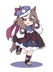 Rule 34 | 1girl, :d, animal ears, black skirt, blouse, blue bow, blue hat, blue jacket, blush, boots, bow, brown eyes, brown footwear, brown hair, cabbie hat, chibi, clenched hands, colored shadow, commentary request, ears through headwear, frilled skirt, frills, full body, hair ornament, hairclip, hat, highres, horse ears, horse girl, horse tail, jacket, long hair, long sleeves, looking at viewer, matikane tannhauser (umamusume), multicolored hair, nozo (hitomiz), open clothes, open jacket, open mouth, puffy long sleeves, puffy sleeves, red socks, shadow, shirt, skirt, sleeveless, sleeveless jacket, sleeves past wrists, smile, socks, solo, standing, standing on one leg, streaked hair, tail, tilted headwear, umamusume, white background, white hair, white shirt
