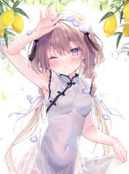 Rule 34 | 1girl, ;t, arm up, armpits, bare arms, blush, breasts, brown hair, china dress, chinese clothes, closed mouth, commentary request, covered navel, dress, ebihara beniko, flower, food, fruit, hair between eyes, hair flower, hair ornament, lemon, long hair, looking at viewer, nemophila (flower), original, purple eyes, purple flower, sleeveless, sleeveless dress, small breasts, solo, very long hair, water drop, white background, white dress