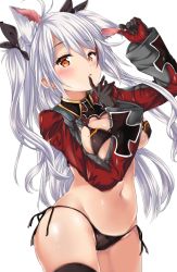 Rule 34 | 1girl, :o, ahoge, animal ears, arm up, azur lane, bad id, bad twitter id, bikini, black bikini, black gloves, black thighhighs, blush, breasts, cat ears, cowboy shot, cross, finger to mouth, flag print, german flag, german flag bikini, gloves, groin, hairband, hand on own ear, index finger raised, iron cross, kemonomimi mode, long hair, long sleeves, looking at viewer, mole, mole on breast, multicolored hair, navel, nijimoto hirok, open mouth, prinz eugen (azur lane), prinz eugen (unfading smile) (azur lane), pulling own ear, red eyes, red hair, side-tie bikini bottom, silver hair, simple background, solo, standing, stomach, streaked hair, string bikini, swimsuit, thighhighs, two side up, underboob, very long hair, white background