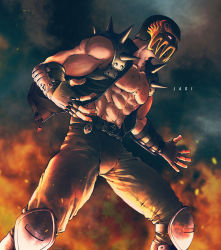 Rule 34 | 040shao, 1boy, abs, arm guards, belt, black jacket, brown gloves, brown pants, character name, commentary, cowboy shot, embers, fingerless gloves, gloves, glowing, glowing eyes, helmet, highres, hokuto no ken, jacket, jagi, knee guards, looking at viewer, looking to the side, male focus, muscular, muscular male, open clothes, open jacket, open mouth, pants, red eyes, scar, scar on chest, solo, spiked pauldrons