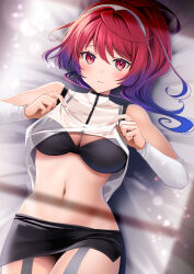 Rule 34 | 1girl, absurdres, bed sheet, black bra, black skirt, blush, bra, breasts, cleavage, clothes lift, detached sleeves, from above, gradient hair, hair between eyes, hairband, highres, isurugi neneko, lifted by self, long hair, long sleeves, looking at viewer, lying, medium breasts, midriff, miniskirt, multicolored hair, navel, on back, parted lips, pencil skirt, ponytail, purple hair, red eyes, red hair, see-through, see-through shirt, shirt, shirt lift, shuumatsu no harem, side slit, skirt, sleeveless, sleeveless shirt, slit pupils, solo, stomach, underwear, white hairband, white shirt, white sleeves, yunamaro