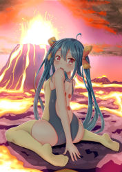 Rule 34 | 1girl, ass, blue hair, bow, cloud, cloudy sky, creatures (company), cyndaquil, fuzuki ichigo, game freak, gen 2 pokemon, hair bow, highres, long hair, looking at viewer, looking back, nintendo, one-piece swimsuit, over shoulder, personification, pokemon, red eyes, sitting, sky, solo, swimsuit, thighhighs, twintails, volcano, wariza, yellow thighhighs