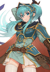 Rule 34 | 1girl, absurdres, alternate hairstyle, belt, blue eyes, blue hair, cape, cosplay, earrings, eirika (fire emblem), ephraim (fire emblem), ephraim (fire emblem) (cosplay), female focus, fire emblem, fire emblem: the sacred stones, fire emblem heroes, gloves, gonzarez, highres, jewelry, long hair, looking at viewer, matching hair/eyes, nintendo, official alternate costume, ponytail, simple background, skindentation, smile, thighhighs, weapon, white background, white thighhighs