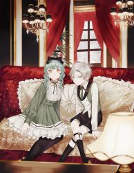 Rule 34 | 1boy, 1girl, black bow, black pantyhose, black shorts, blue eyes, blue hair, bow, chandelier, closed mouth, collared shirt, commentary, couch, curtains, cushion, dress, green dress, green necktie, green vest, grey hair, hair bow, highres, indoors, kodona, lamp, lolita fashion, long hair, long sleeves, looking at viewer, mege (megechan), necktie, on couch, orange eyes, original, pantyhose, shirt, short hair, shorts, sitting, socks, vest, waistcoat, white shirt, window