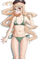 Rule 34 | 1girl, absurdres, beret, bikini, blonde hair, breasts, blowing bubbles, chewing gum, collarbone, girls&#039; frontline, glasses, green bikini, hair ornament, hairclip, hat, highres, kir (khw66136132), long hair, looking at viewer, lying, navel, on back, red eyes, round eyewear, small breasts, solo, swimsuit, type 80 (girls&#039; frontline), white background