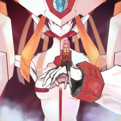 Rule 34 | 10s, 1girl, absurdres, bad id, bad pixiv id, bodysuit, boots, breasts, crossed legs, darling in the franxx, green eyes, hairband, highres, horns, humanoid robot, looking at viewer, mecha, medium breasts, orange neckwear, pilot suit, pink hair, red bodysuit, robot, room16, sitting, solo, strelizia, uniform, white hairband, zero two (darling in the franxx)