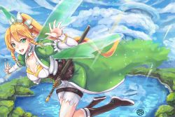 Rule 34 | 1girl, :d, black footwear, blonde hair, boots, bracelet, braid, breasts, cleavage, cloud, corset, day, detached sleeves, floating hair, flying, green eyes, green wings, hair between eyes, high ponytail, highres, hua-j, jewelry, large breasts, leafa, long hair, looking at viewer, open mouth, outdoors, outstretched arms, shorts, side braid, smile, solo, sunlight, sword art online, thigh strap, transparent wings, twin braids, very long hair, white shorts, wings