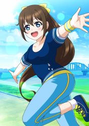 Rule 34 | 1girl, aqua eyes, artist name, artist request, blue eyes, blue footwear, blue pants, blue shirt, blue sky, blush, bow, breasts, bridge, brown hair, city, cloud, collarbone, day, female focus, hair between eyes, hair bow, high ponytail, highres, long hair, looking at viewer, love live!, love live! nijigasaki high school idol club, love live! school idol festival, osaka shizuku, outdoors, outstretched arms, pants, parted lips, ponytail, shirt, shoes, short sleeves, sky, small breasts, smile, solo, standing, standing on one leg, wristband, yellow bow, yellow wristband