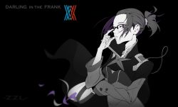Rule 34 | 1girl, absurdres, arm up, artist name, black background, copyright name, darling in the franxx, glasses, hair ornament, highres, ikuno (darling in the franxx), jacket, logo, long hair, long sleeves, looking at viewer, monochrome, parted lips, ponytail, purple eyes, purple hair, sidelocks, simple background, solo, uniform, upper body, zzl