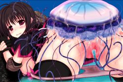 Rule 34 | 1girl, animated, animated gif, atela, bent over, bestiality, black hair, blush, bottomless, breasts, brown eyes, elbow pads, from behind, game cg, hanging breasts, interspecies, jellyfish, monster, mushi no kangoku, nipples, open clothes, open shirt, panties, pussy, pussy juice, shirt, teasing, tentacles, thighhighs, uncensored, underwear, vaginal, water, wet clothes, wet panties