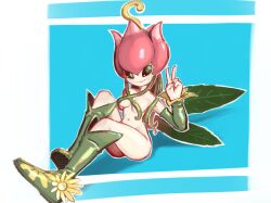 Rule 34 | absurdres, digimon, digimon (creature), fairy, flower, highres, lilimon, monster girl, nail polish, nude, petals, plant girl, smile, v