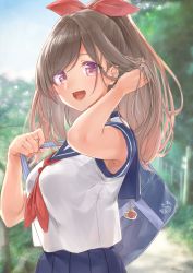 Rule 34 | 1girl, :d, adjusting hair, armpits, backpack, bag, blue skirt, bow, breasts, brown eyes, brown hair, commentary request, day, hair bow, highres, holding strap, idolmaster, idolmaster shiny colors, large breasts, long hair, looking at viewer, neckerchief, open mouth, outdoors, pekoni (peconi), pleated skirt, ponytail, ribbon, sailor collar, school bag, school uniform, serafuku, shirt, short sleeves, shoulder bag, skirt, smile, solo, standing, tree, tsukioka kogane, white shirt