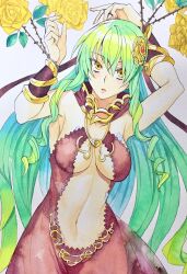 Rule 34 | 1girl, absurdres, bound, breasts, cleavage, color ink (medium), commentary, dress, flower, green hair, hair ornament, highres, hornet (rance), jewelry, large breasts, long hair, looking at viewer, medium breasts, miita, navel, necklace, rance (series), rance 10, rose, simple background, solo, thorns, tied up (nonsexual), traditional media, very long hair, yellow eyes, yellow flower, yellow rose