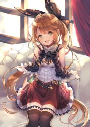 Rule 34 | 1girl, belt, black gloves, black ribbon, black thighhighs, blush, cape, clarisse (granblue fantasy), couch, curtains, double v, elbow gloves, gloves, granblue fantasy, green eyes, hair ribbon, hand gesture, highres, indoors, kether, long hair, looking at viewer, open mouth, orange hair, ponytail, red skirt, ribbon, sidelocks, sitting, skirt, sleeveless, smile, solo, swept bangs, test tube, thighhighs, v, very long hair, window