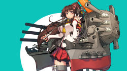 Rule 34 | 10s, 1girl, bare shoulders, between fingers, black thighhighs, blush, breasts, brown eyes, brown hair, cannon, elbow gloves, gloves, highres, holding, impossible clothes, impossible shirt, kantai collection, large breasts, long hair, looking at viewer, machinery, miniskirt, oil-paper umbrella, pleated skirt, ponytail, shirt, skirt, smile, solo, tamori tadaji, thighhighs, umbrella, very long hair, wallpaper, white gloves, yamato (kancolle)