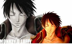 Rule 34 | 1boy, black hair, character name, coat, epaulettes, closed eyes, male focus, monkey d. luffy, one piece, pirate, scar, solo, zoom layer