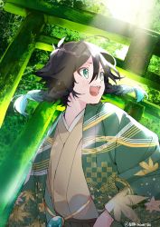 Rule 34 | 1boy, :d, absurdres, ahoge, alternate costume, aqua hair, black hair, braid, commentary request, excited, genshin impact, gradient hair, green eyes, haori, highres, japanese clothes, kimono, layered clothes, leaf print, looking to the side, male focus, mamt56, multicolored hair, open mouth, outdoors, patterned clothing, short hair, smile, solo, sunlight, teeth, torii, tree, twin braids, upper body, venti (genshin impact), vision (genshin impact), yukata