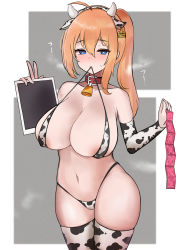 Rule 34 | 1girl, ahoge, animal collar, animal ears, animal print, areola slip, bell, bikini, bikini top lift, blonde hair, blue eyes, blush, breath, cla (finesoda), clothes lift, collar, commentary request, condom, condom packet strip, condom wrapper, covered erect nipples, cow ears, cow horns, cow print, cowbell, cowboy shot, ear tag, fake animal ears, fake horns, girls&#039; frontline, hair between eyes, heart, heart-shaped pupils, highres, holding, holding condom, horns, kalina (girls&#039; frontline), korean commentary, lifting own clothes, long hair, micro bikini, mouth hold, navel, neck bell, ponytail, red collar, solo, sweatdrop, swimsuit, symbol-shaped pupils, thighhighs