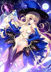 Rule 34 | 1girl, ayakichi, blonde hair, blue nails, breasts, elf, fingernails, full moon, hat, holding, holding wand, long hair, looking at viewer, medium breasts, moon, nail polish, navel, night, original, pointy ears, purple eyes, solo, very long hair, wand, witch, witch hat