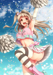 Rule 34 | 10s, 1girl, :d, arm up, armpits, blue sky, blush, breasts, cheerleader, cloud, confetti, covered erect nipples, day, elbow gloves, gloves, gradient skirt, grey hair, headset, highres, large breasts, long hair, looking at viewer, love live!, love live! school idol project, midriff, minami kotori, miniskirt, navel, no bra, no panties, open mouth, pom pom (cheerleading), pussy juice, rokko, side ponytail, skirt, sky, smile, solo, standing, standing on one leg, striped clothes, striped thighhighs, sweat, thighhighs, underboob, white gloves, yellow eyes