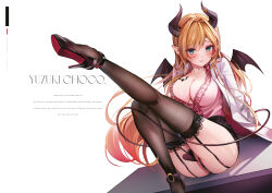 Rule 34 | 1girl, absurdres, blonde hair, blush, breast tattoo, breasts, cleavage, closed mouth, demon horns, demon tail, demon wings, garter straps, gradient hair, green eyes, high heels, highres, hololive, horns, knee up, lab coat, lace, lace-trimmed legwear, lace trim, large breasts, leg up, legs, long hair, looking at viewer, luna nyann, multicolored hair, pink shirt, pointy ears, shirt, simple background, sitting, smile, solo, tail, tattoo, thighhighs, very long hair, virtual youtuber, white background, wings, yuzuki choco, yuzuki choco (1st costume)