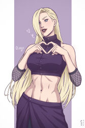 Rule 34 | 1girl, 2023, artist name, blonde hair, boruto: naruto next generations, breasts, commentary, cowboy shot, dated, ear piercing, english commentary, heart, heart hands, highres, looking at viewer, medium breasts, midriff, naruto (series), navel, oivsyo, parted lips, piercing, skirt, solo, teeth, watermark, yamanaka ino
