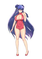 Rule 34 | 1girl, absurdres, aster crowley, bare legs, bell, blue hair, breasts, center opening, china dress, chinese clothes, cleavage, closed mouth, commentary, covered navel, double bun, dress, full body, hair bun, hair ornament, hand up, highres, jingle bell, large breasts, legs apart, long hair, no panties, purple eyes, ranma 1/2, shampoo (ranma 1/2), shoes, sidelocks, smile, solo, standing, very long hair