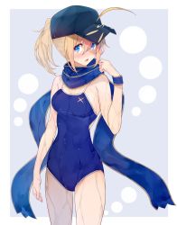 Rule 34 | 1girl, ahoge, alternate costume, amami amayu, artoria pendragon (all), artoria pendragon (fate), bare arms, bare shoulders, baseball cap, blonde hair, blue scarf, blue one-piece swimsuit, blush, breasts, competition school swimsuit, fate/grand order, fate (series), hair between eyes, hat, highres, jockey, looking at viewer, medium breasts, mysterious heroine x (fate), one-piece swimsuit, open mouth, plaid, plaid scarf, ponytail, saber (fate), scarf, school swimsuit, simple background, solo, swimsuit, water, wet, wet clothes