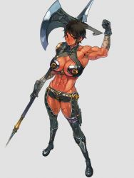 Rule 34 | 1girl, abs, armor, axe, bandages, barbarian, biceps, bikini, bikini armor, bob cut, breasts, cleavage, cleavage cutout, clothing cutout, f.s., highres, knife, large breasts, muscular, muscular female, original, resized, revealing clothes, scar, scar across eye, scar on abs, scar on arm, scar on breast, scar on chest, scar on face, scar on leg, scar on stomach, scar on thigh, short hair, simple background, swimsuit, upscaled, waifu2x, warrior