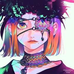 Rule 34 | 1girl, akiakane, bob cut, collar, eyepatch, gradient hair, grey background, hair ornament, jewelry, looking at viewer, mole, mole under eye, multicolored eyes, multicolored hair, necklace, original, parted lips, portrait, purple hair, red eyes, red hair, short hair, simple background, solo, watermark
