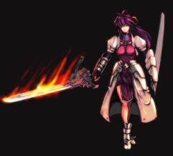 Rule 34 | 00s, 1girl, armor, armored boots, bad id, bad pixiv id, boots, faulds, fire, flaming sword, flaming weapon, high collar, highres, long hair, lyrical nanoha, mahou shoujo lyrical nanoha, mahou shoujo lyrical nanoha strikers, purple hair, signum, solo, sword, weapon, y.mato