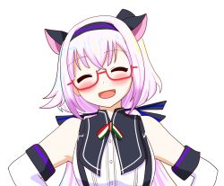 Rule 34 | .live, 1girl, animal ears, bare shoulders, bespectacled, black bow, black hairband, black headwear, bow, buttons, carro pino, cat ears, closed eyes, commentary request, cropped torso, detached sleeves, glasses, hair bow, hairband, hat, highres, light blush, light purple hair, long hair, neck ribbon, open mouth, overalls, red-framed eyewear, ribbon, semi-rimless eyewear, shirt, sleeveless, sleeveless shirt, smile, solo, top hat, transparent background, twintails, under-rim eyewear, upper body, virtual youtuber, white shirt, zi-gaden