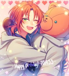 Rule 34 | 1boy, chiyu (silverxxxx), commentary request, dated, drawstring, ensemble stars!, fang, green eyes, grey hoodie, happy birthday, heart, hood, hood down, hoodie, long sleeves, looking at viewer, male focus, hugging object, one eye closed, open mouth, orange hair, ponytail, solo, stuffed animal, stuffed toy, teddy bear, teeth, tongue, tongue out, tsukinaga leo, upper body, upper teeth only