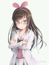 Rule 34 | 1girl, bespectacled, blush, brown hair, closed mouth, commentary, crossed arms, english commentary, glasses, green background, green eyes, highres, hikari niji, kizuna ai, kizuna ai inc., lab coat, long hair, long sleeves, looking at viewer, multicolored hair, pink hair, red-framed eyewear, sailor collar, shirt, short shorts, shorts, simple background, smile, solo, streaked hair, very long hair, virtual youtuber, white sailor collar, white shirt, white shorts
