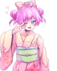 Rule 34 | 1girl, :d, aqua eyes, bow, double bun, floral print, green obi, heart, heart bow, highres, japanese clothes, kimono, looking at viewer, manaka laala, noromame, obi, one eye closed, open mouth, pink bow, pink kimono, pretty series, pripara, purple hair, sash, short hair, simple background, smile, solo, v, v over eye, white background