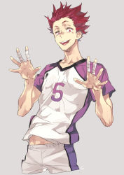Rule 34 | 1boy, arms up, bad id, bad pixiv id, bandaged fingers, bandages, collarbone, grey background, haikyuu!!, looking at viewer, male focus, open mouth, red eyes, red hair, shirt, short hair, short sleeves, simple background, solo, spiked hair, sportswear, t-shirt, teeth, tendou satori, tongue, toujou sakana, uniform, volleyball uniform