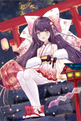 Rule 34 | 1girl, absurdres, azur lane, bare shoulders, bow, fireworks, floral print, fogg009, full body, fur trim, hair bow, harutsuki (a dance for the coming spring) (azur lane), harutsuki (azur lane), highres, huge bow, japanese clothes, kimono, long hair, official alternate costume, open mouth, pantyhose, purple hair, red sash, resolution mismatch, sash, shrine, sitting, solo, source smaller, thighband pantyhose, torii, very long hair, white pantyhose, wide sleeves, yellow eyes