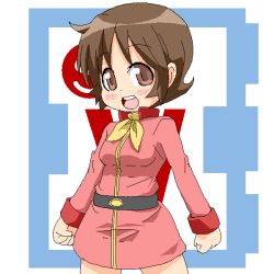 Rule 34 | 1girl, blush stickers, boots, breasts, brown eyes, brown hair, clenched hands, cowboy shot, dress, fraw bow, freckles, gundam, imageboard colors, long sleeves, medium breasts, mobile suit gundam, nemuro nao, short hair, simple background, solo, sorachisora