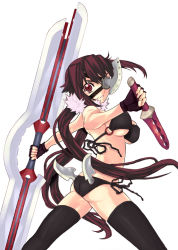 Rule 34 | 1girl, ass, bikini, black bikini, breasts, double-blade, fantasy, gloves, highres, large breasts, long hair, nagy, red eyes, solo, swimsuit, sword, thighhighs, twintails, weapon, what